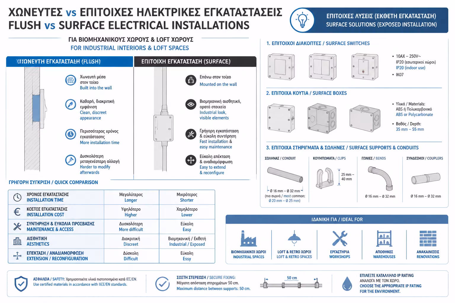 Εξωτερικοί διακόπτες, κουτιά και στηρίγματα για εμφανή εγκατάσταση