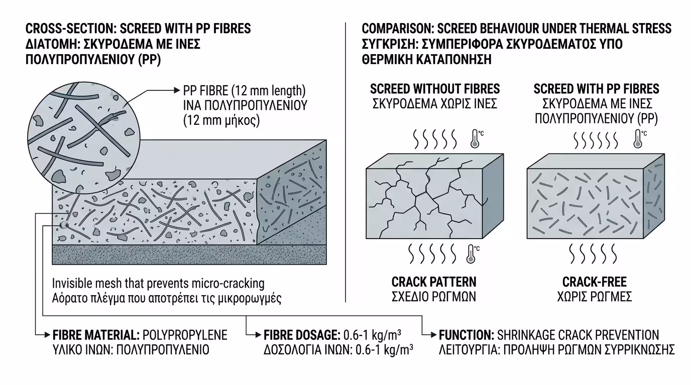 Ίνες πολυπροπυλενίου μέσα σε θερμομπετόν - τρισδιάστατο δίχτυ αντί μεταλλικών πλεγμάτων