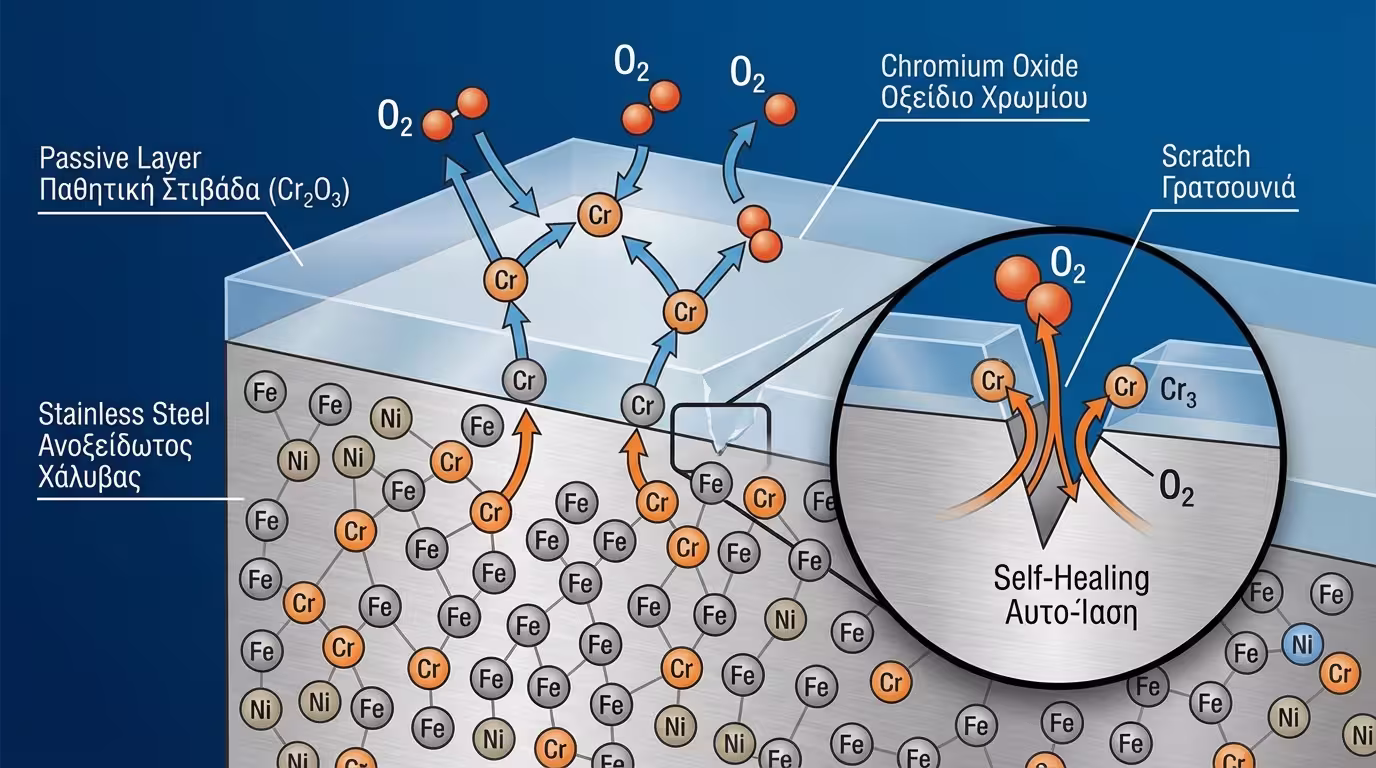 Ινφογκράφικ: Το στρώμα παθητικοποίησης (Cr2O3) που κάνει το ατσάλι ανοξείδωτο.