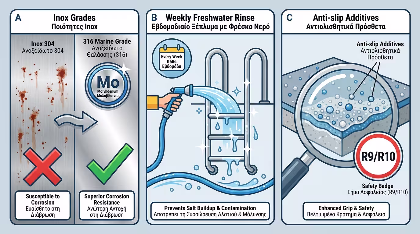 Ινφογκράφικ: Inox 316 (Marine Grade), ξέπλυμα γλυκό νερό, αντιολισθητικά πρόσθετα R9/R10.