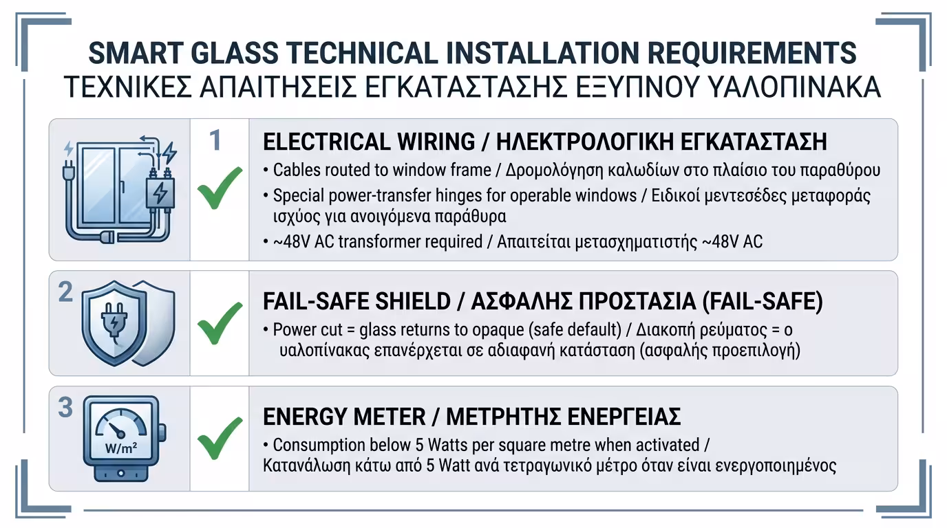 Τεχνικός έλεγχος εγκατάστασης Smart Glass - ηλεκτρολογική πρόβλεψη και fail-safe