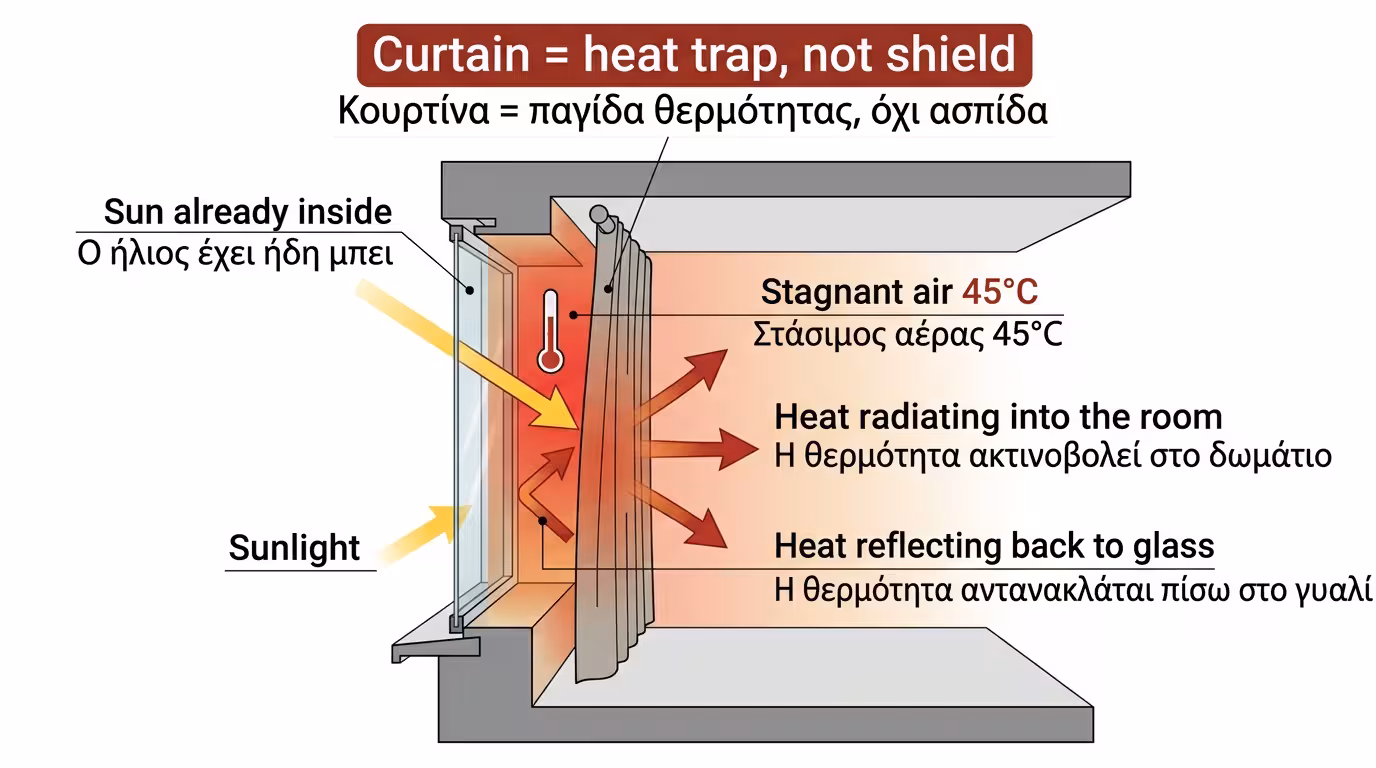 Υπερθέρμανση ανάμεσα σε κουρτίνα και τζάμι: ο αέρας παγιδεύεται στους 45°C