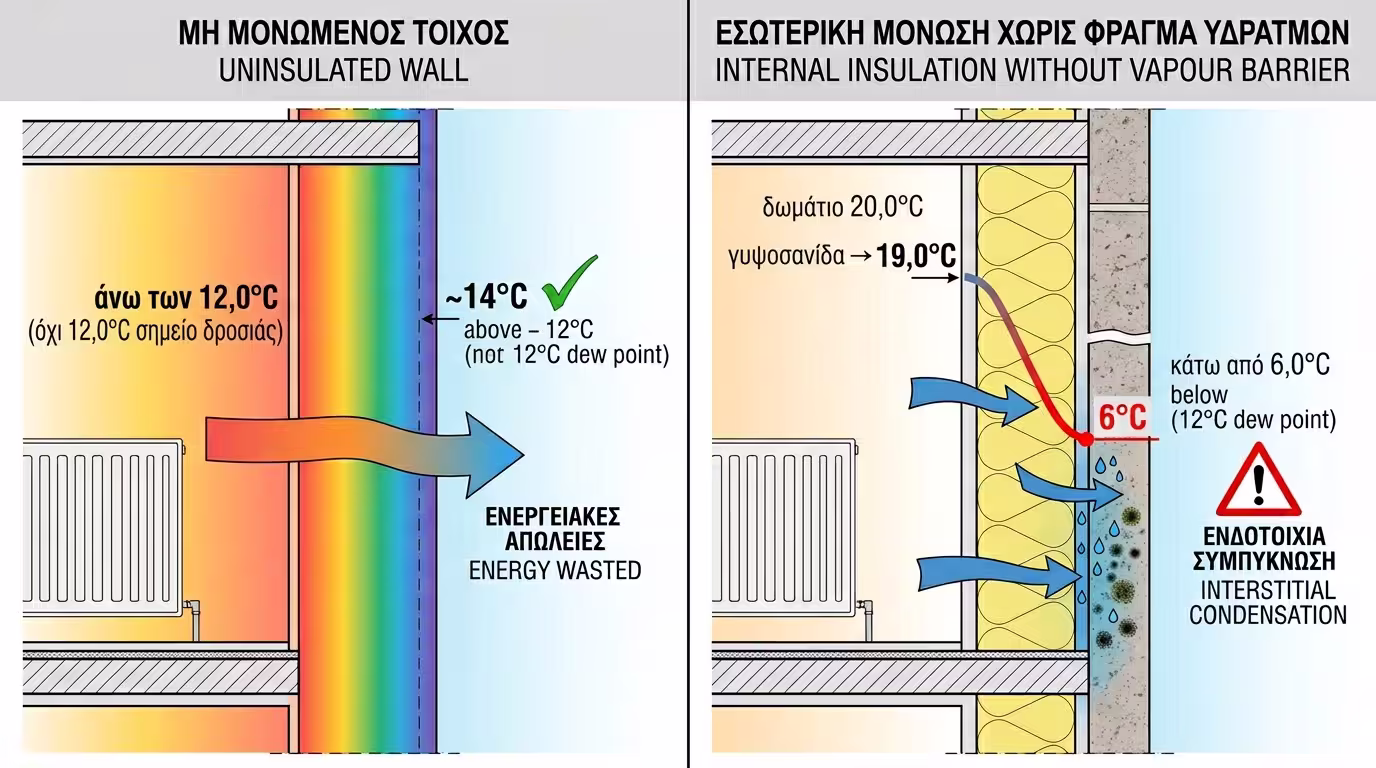 Τομή τοίχου - εσωτερική συμπύκνωση χωρίς φράγμα υδρατμών