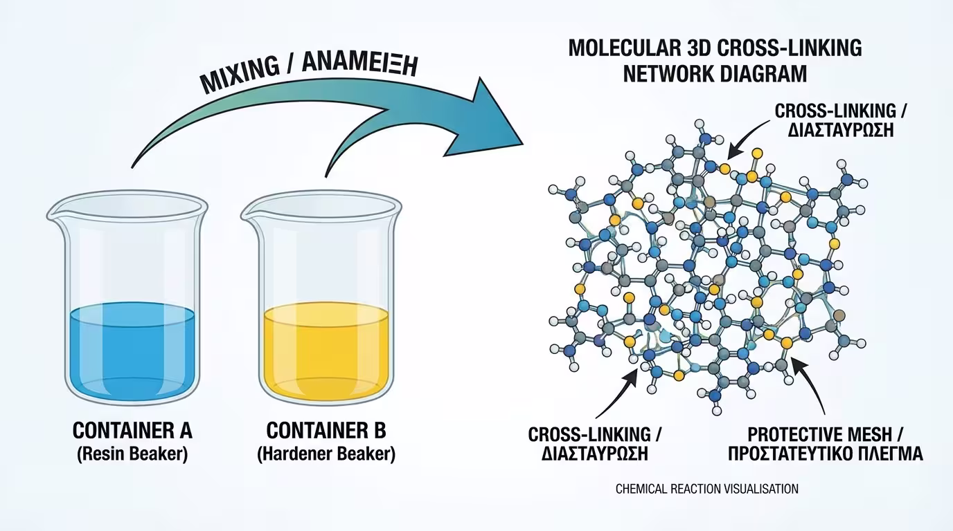 Ινφογκράφικ: Α (ρητίνη) + Β (σκληρυντής) → χημική σταυροσύνδεση (cross-linking) → τρισδιάστατο αδιαπέραστο πλέγμα (ελληνικά και αγγλικά)