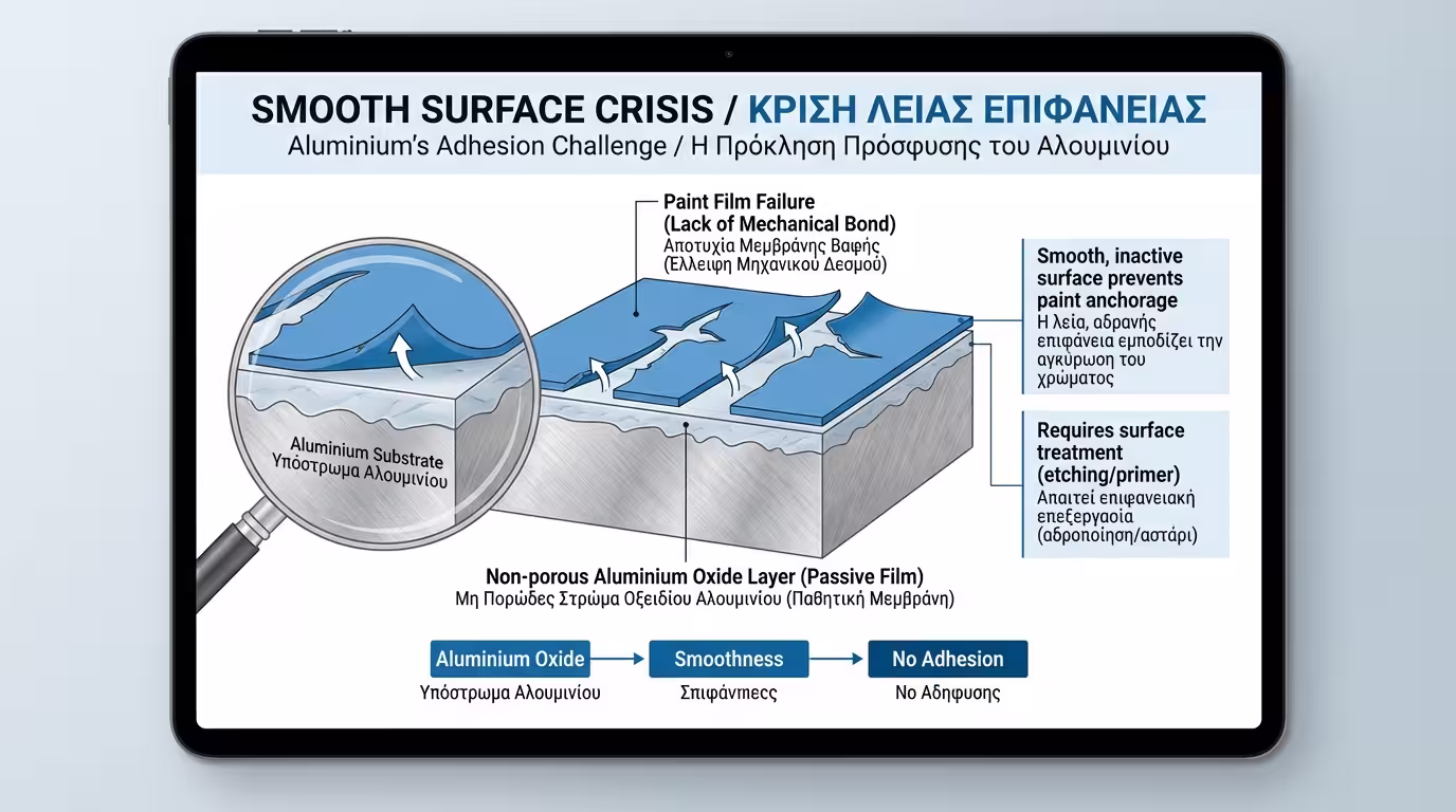 Ινφογκράφικ: Η λεία επιφάνεια του αλουμινίου και το στρώμα οξειδίου που εμποδίζει τη βαφή.