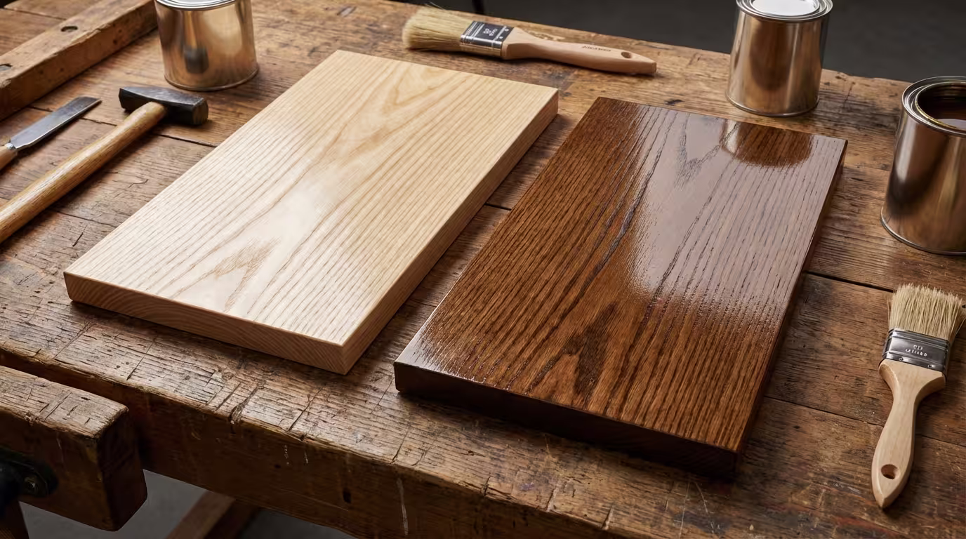 Δύο δείγματα ξύλου: αριστερά με διάφανο βερνίκι (φυσικά νερά) και δεξιά με έγχρωμο (σκούρα καρυδιά)