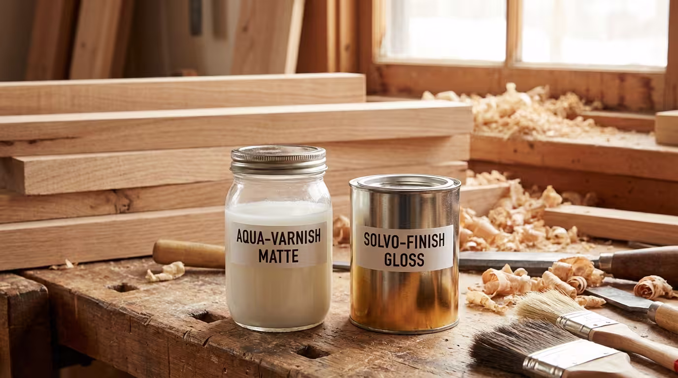 Δύο δοχεία βερνικιού ξύλου - νερού και διαλύτου - σε πάγκο ξυλουργικού εργαστηρίου