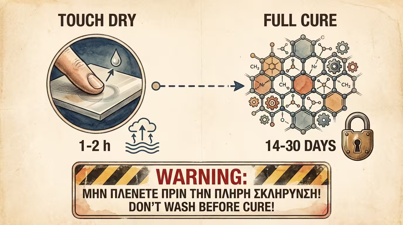 Ινφογκράφικ: Touch Dry (1h, επιφανειακό) vs Full Cure (14-30 ημέρες, πολυμερισμός ρητινών). Δεν πλένετε πριν ωριμάσει! (ελληνικά και αγγλικά)