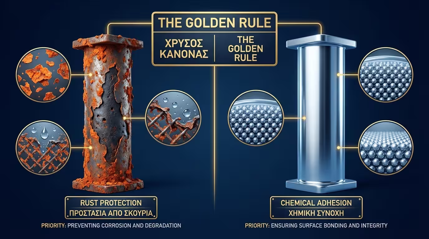 Σχηματική αναπαράσταση: Παθητική προστασία (φράγμα) vs Ενεργή προστασία (θυσιαζόμενη άνοδος).