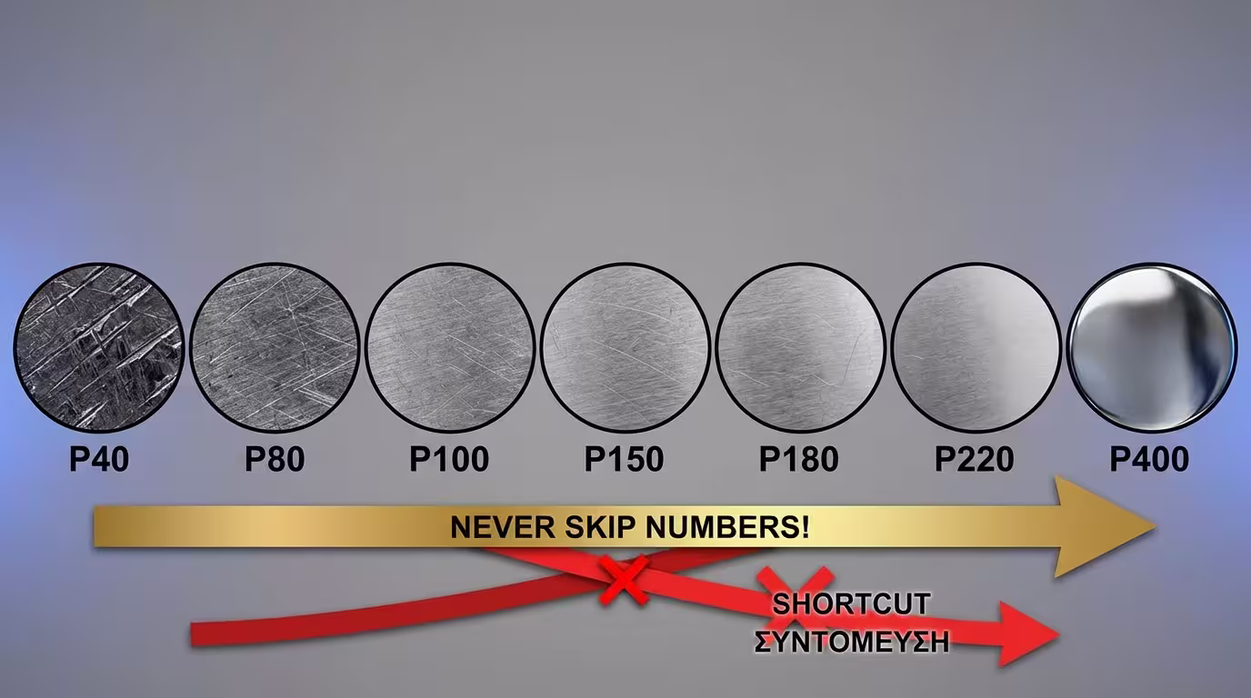 Ινφογκράφικ κλίμακας grit: P40-80 (χοντρά), P100-150 (μεσαία), P180-220 (ψιλά), P240-400+ (πολύ ψιλά). Κανόνας: ποτέ μην πηδάτε νούμερα (ελληνικά και αγγλικά)