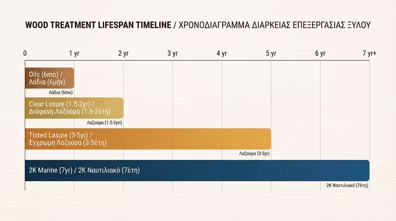 Χρονοδιάγραμμα ινφογκράφικ: Λάδια (1-2x/χρόνο), Διάφανα Lasure (1.5-2 χρ), Έγχρωμα Lasure (3-5 χρ), 2K Marine (7 χρ) (ελληνικά και αγγλικά)