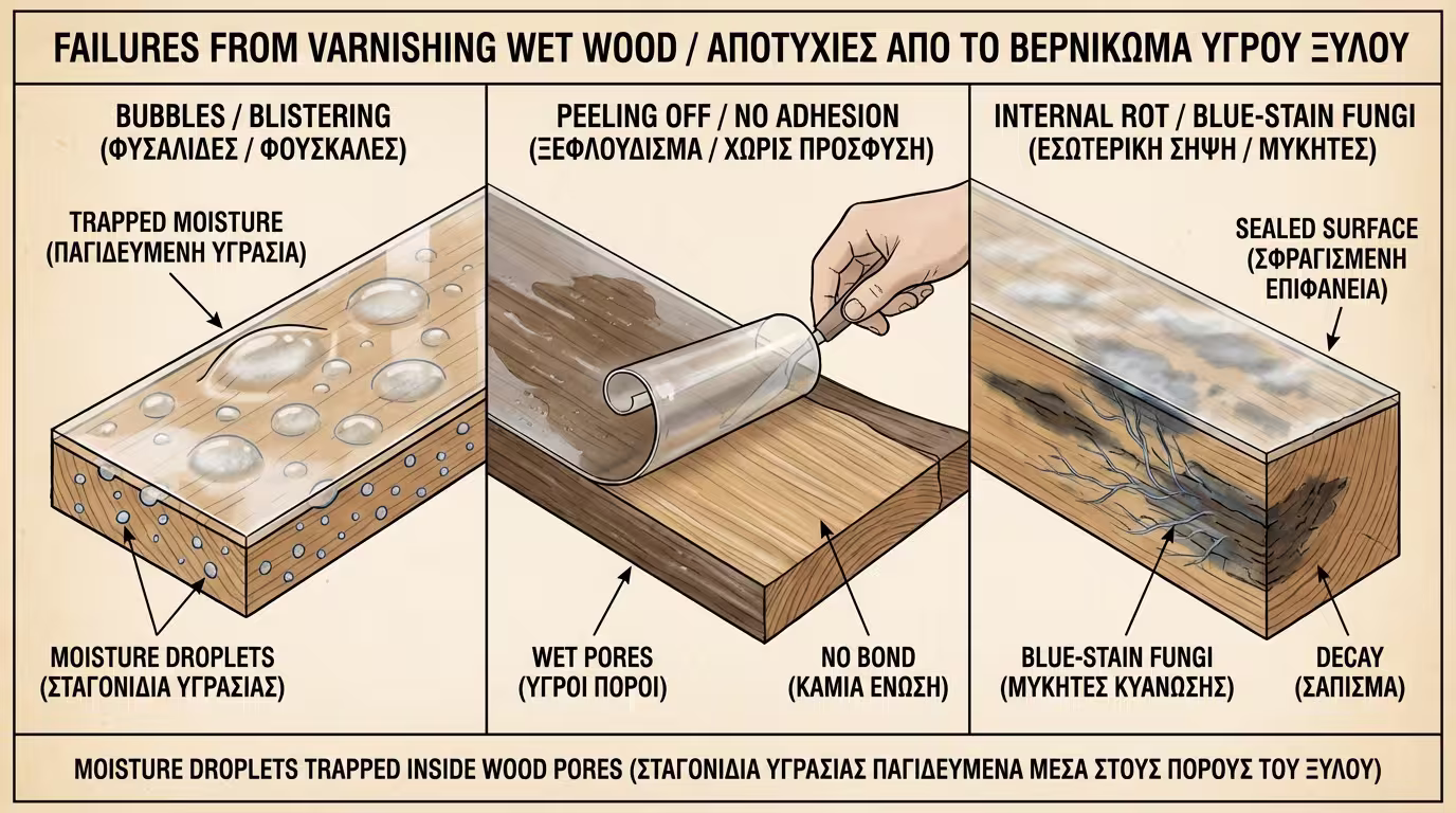 Ινφογκράφικ: τρεις καταστροφές σε υγρό ξύλο - φουσκάλες (blistering), ξεφλούδισμα (peeling), μούχλα/σάπισμα εσωτερικά. Μηχανισμός εγκλωβισμού υδρατμών (ελληνικά και αγγλικά)