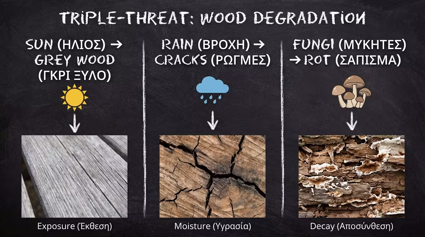 Ινφογκράφικ 3 εχθρών ξύλου: UV (φωτοαποδόμηση/γκριζάρισμα), Υγρασία (συστολοδιαστολές/ρωγμές), Μύκητες & Έντομα (σήψη) (ελληνικά και αγγλικά)