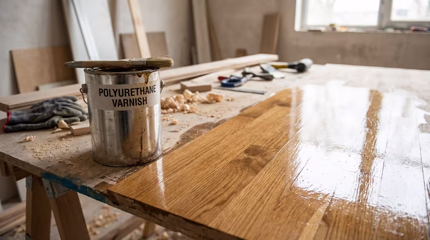 Δοχείο πολυουρεθανικού βερνικιού δίπλα σε βερνικωμένο ξύλινο δάπεδο - σκληρό προστατευτικό φιλμ
