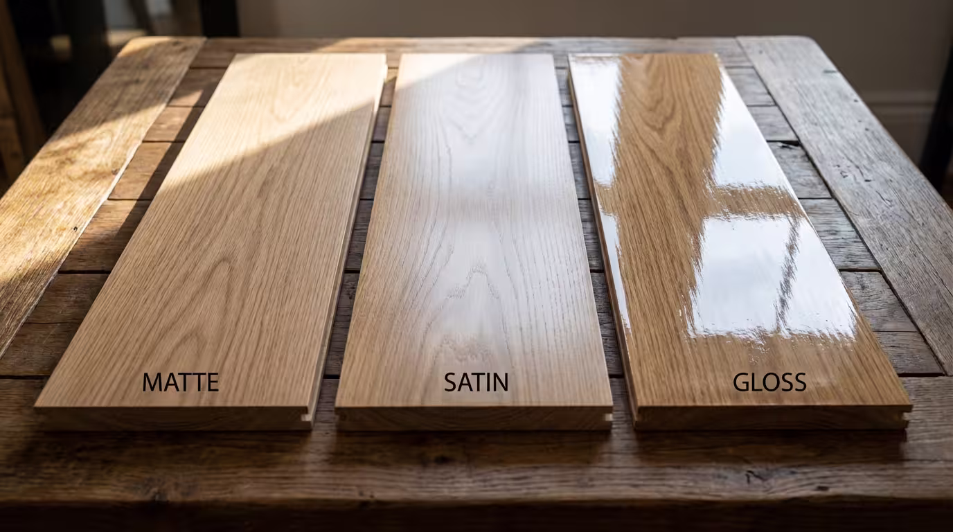Τρία δείγματα ξύλου δίπλα-δίπλα: ματ, σατινέ και γυαλιστερό φινίρισμα βερνικιού