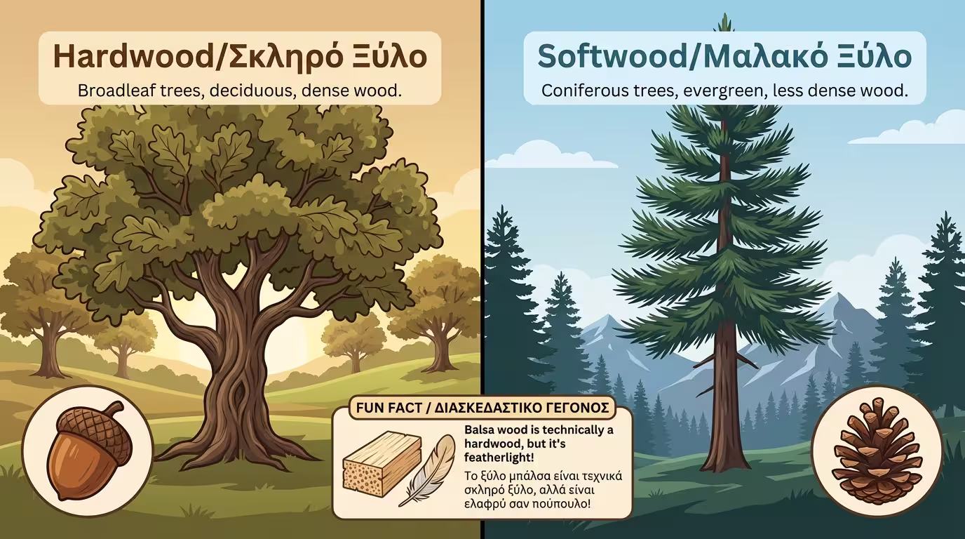 Ινφογκράφικ: Σκληρά ξύλα (πλατύφυλλα, βελανίδι) vs Μαλακά (κωνοφόρα, κουκουνάρι). Balsa = σκληρό ξύλο αλλά πολύ μαλακό! (ελληνικά και αγγλικά)