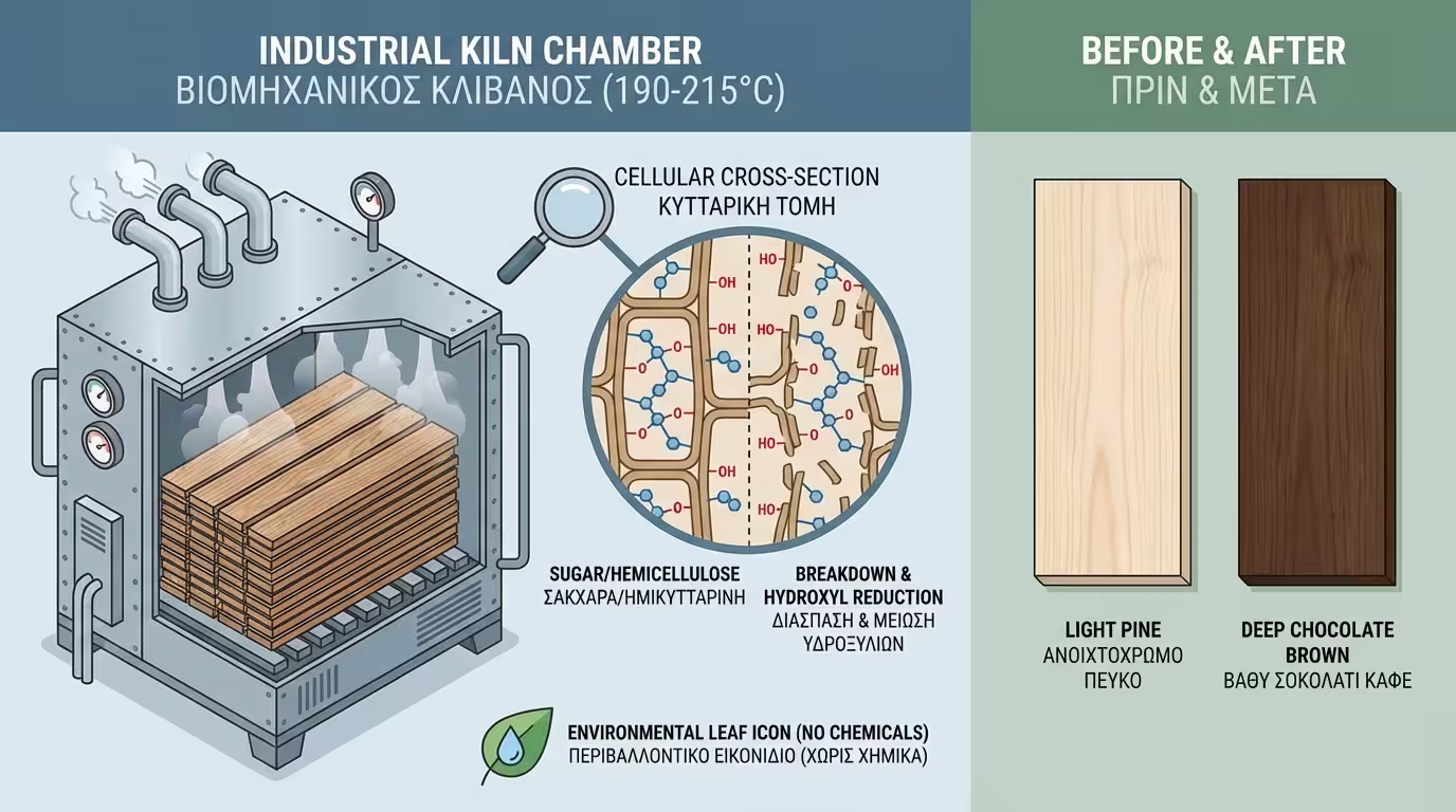 Ινφογκράφικ: φούρνος 190-215°C + ατμός → αλλαγή κυτταρικής δομής. Καταστροφή σακχάρων, μείωση απορρόφησης, σκούρο καφέ χρώμα (ελληνικά και αγγλικά)