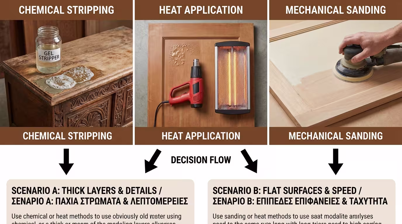 Ινφογκράφικ 3 μεθόδων: Χημικά (τζελ, υγρό), Θερμότητα (θερμοπίστολο, υπέρυθρα), Τρίψιμο (γυαλόχαρτο, αμμοβολή). Πότε χρησιμοποιείται κάθε μέθοδος (ελληνικά και αγγλικά)
