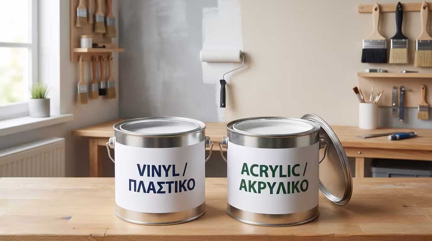 Δύο κουτιά χρώματος εσωτερικού - πλαστικό και ακρυλικό - σε πάγκο εργασίας, με τοίχο μισοβαμμένο