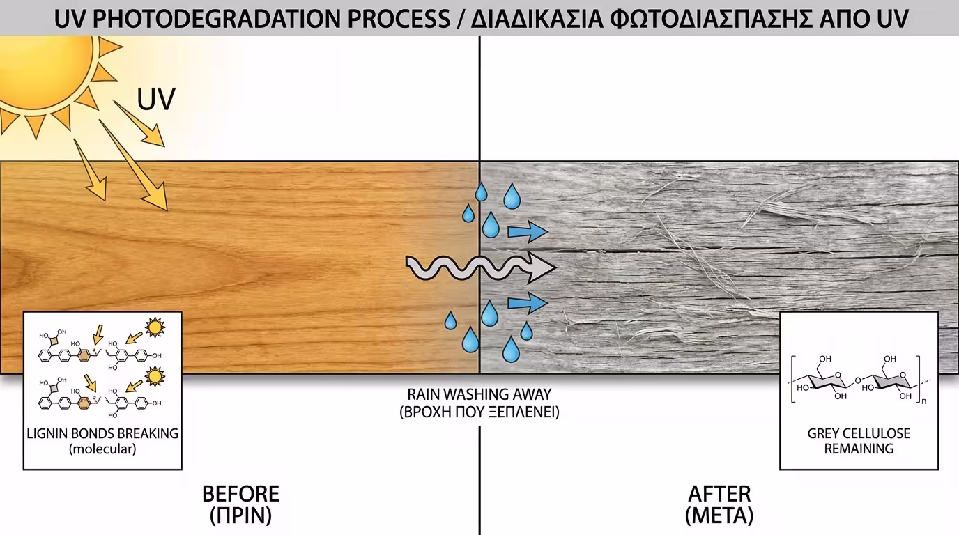 Ινφογκράφικ φωτοαποδόμησης λιγνίνης: UV ακτίνες → διάσπαση δεσμών → βροχή ξεπλένει → γκρι κυτταρίνη (ελληνικά και αγγλικά)