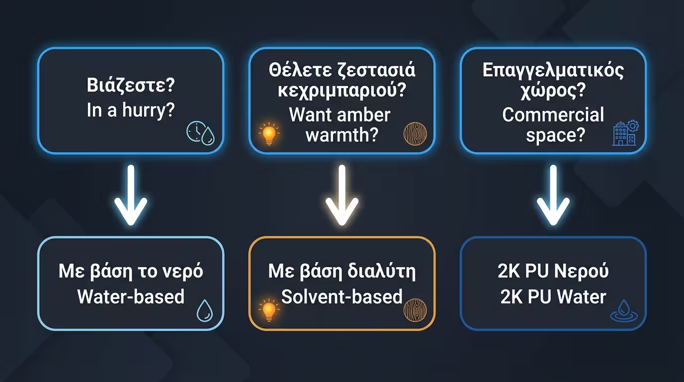 Ινφογκράφικ δέντρου απόφασης: βιάζεστε → νερού, θέλετε amber → διαλύτου, εμπορικός → 2K PU νερού (ελληνικά και αγγλικά)