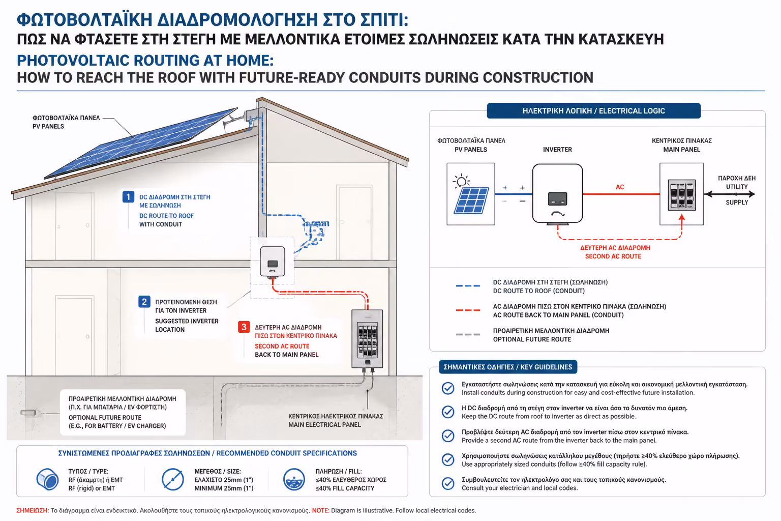 Θέση inverter με δεύτερη όδευση AC προς τον κεντρικό πίνακα