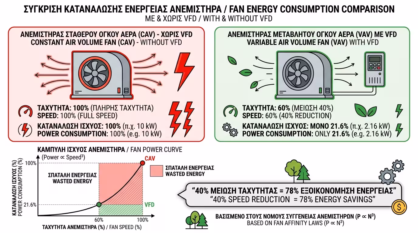 Inverter VFD - ρύθμιση στροφών ανεμιστήρα ΚΚΜ, εξοικονόμηση πίεσης αεραγωγών