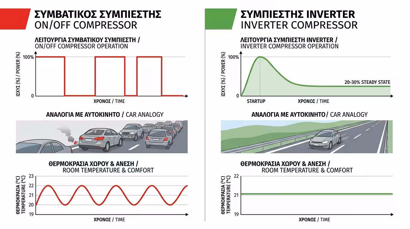 Inverter vs On/Off συμπιεστής - σύγκριση λειτουργίας