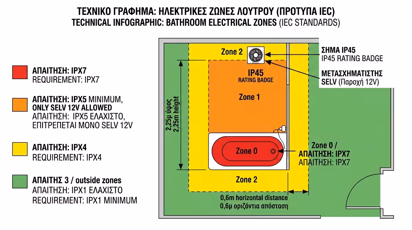 IP rating ζώνες μπάνιου - Ζώνη 1 ντουζιέρα, ασφάλεια 12V SELV εξαεριστήρας