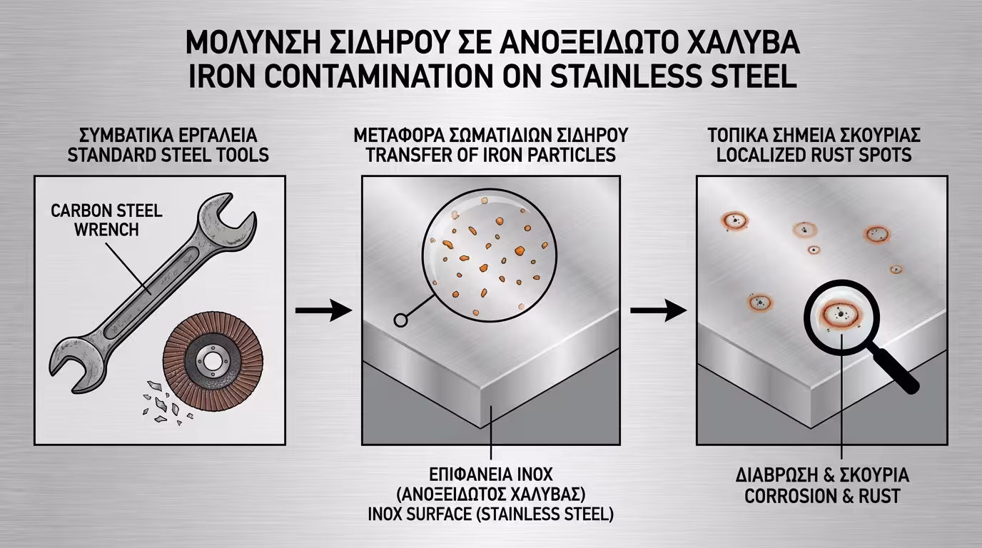 Ινφογκράφικ: Πώς η χρήση εργαλείων απλού σιδήρου προκαλεί σκουριά στο ανοξείδωτο ατσάλι.