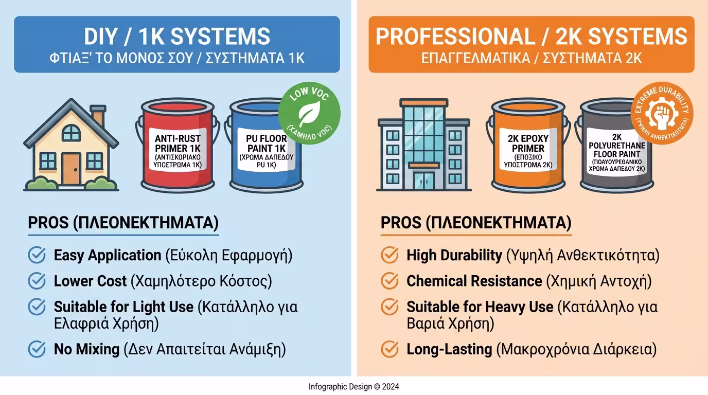 Ινφογκράφικ: Σύγκριση DIY (1K αλκυδικά/PU) vs Επαγγελματική (2K εποξειδικά/πολυουρεθανικά) λύση.