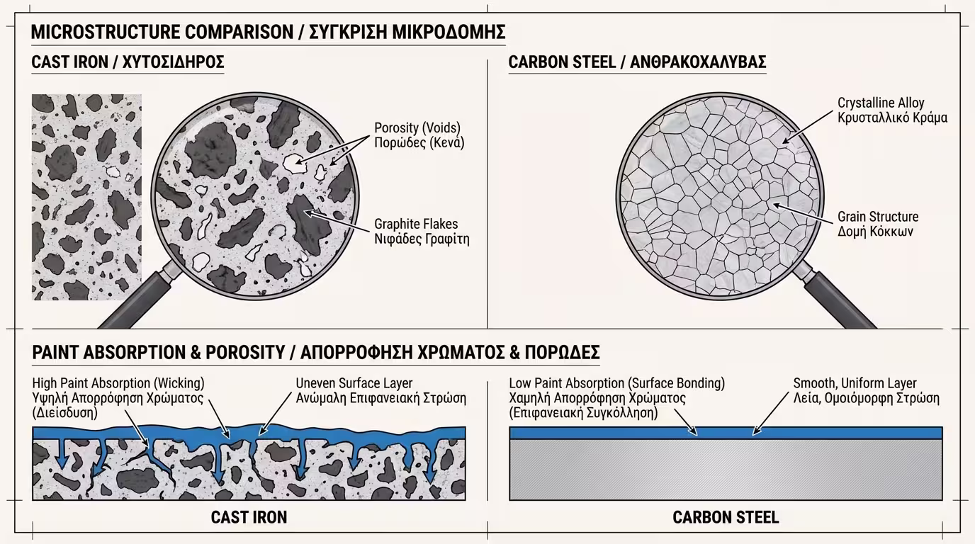 Ινφογκράφικ: Η σύσταση του σιδήρου (μαντέμι) vs του χάλυβα (ατσάλι) και οι επιπτώσεις στη βαφή.