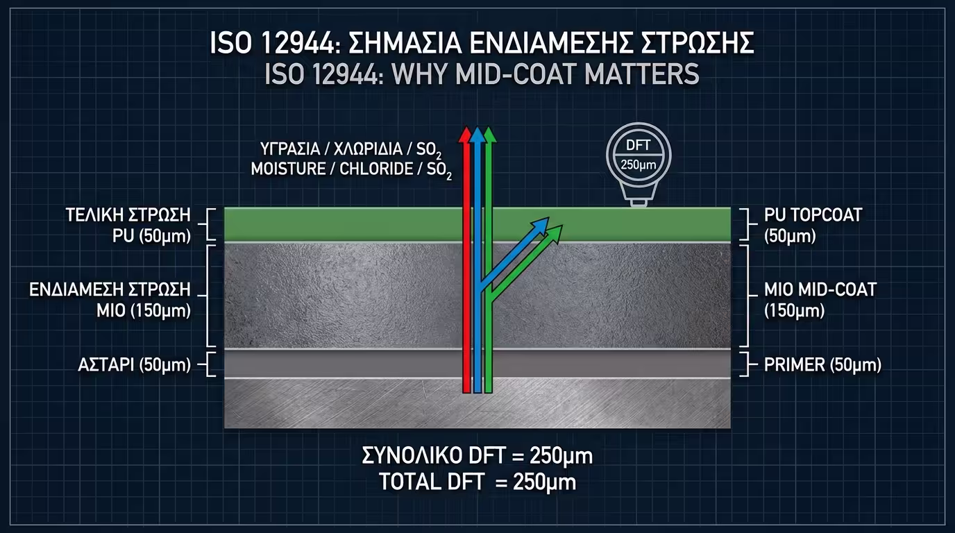Τεχνικό διάγραμμα συστήματος C5: Zinc Rich Primer + Epoxy MIO + Polyurethane Topcoat.