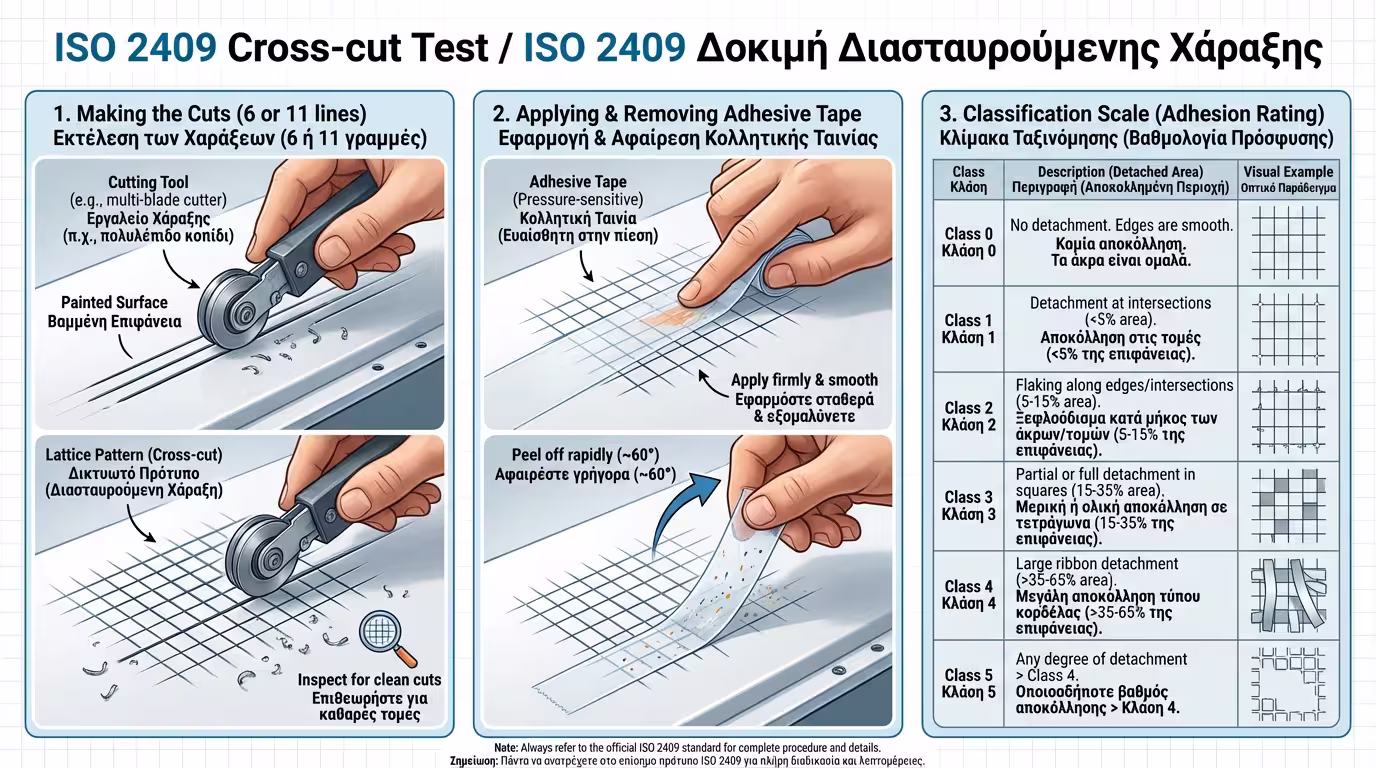 Ινφογκράφικ: Η μέθοδος χάραξης πλέγματος (Cross-cut test) για την αξιολόγηση της πρόσφυσης.