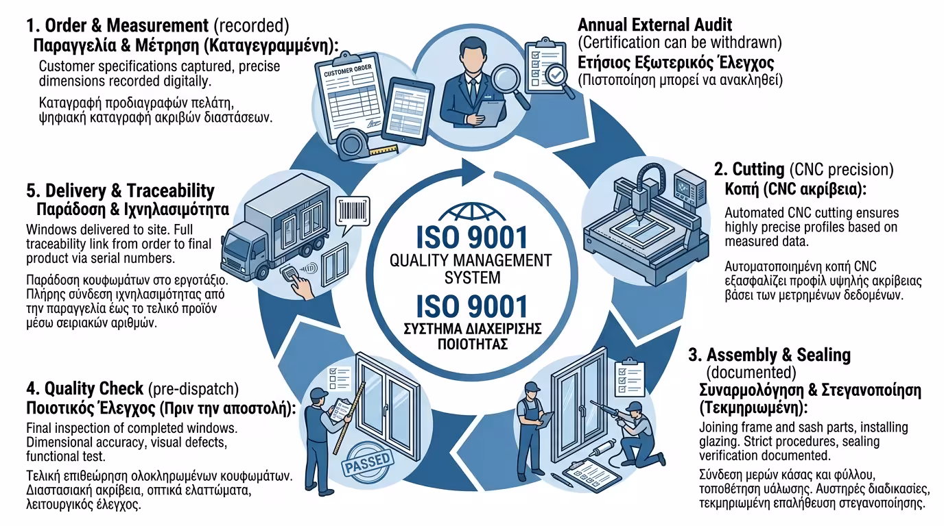 ISO 9001 - σύστημα διαχείρισης ποιότητας, τυποποιημένη παραγωγή κουφωμάτων