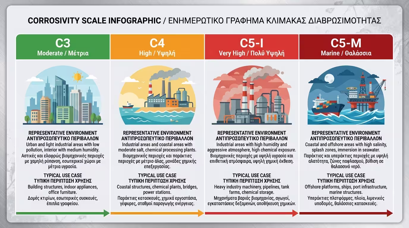 Ινφογκράφικ: Κλίμακα C3 (μέτριο, αστική) → C4 (υψηλό, βιομηχανική/παραθαλάσσια) → C5 (πολύ υψηλό, ναυτιλία).
