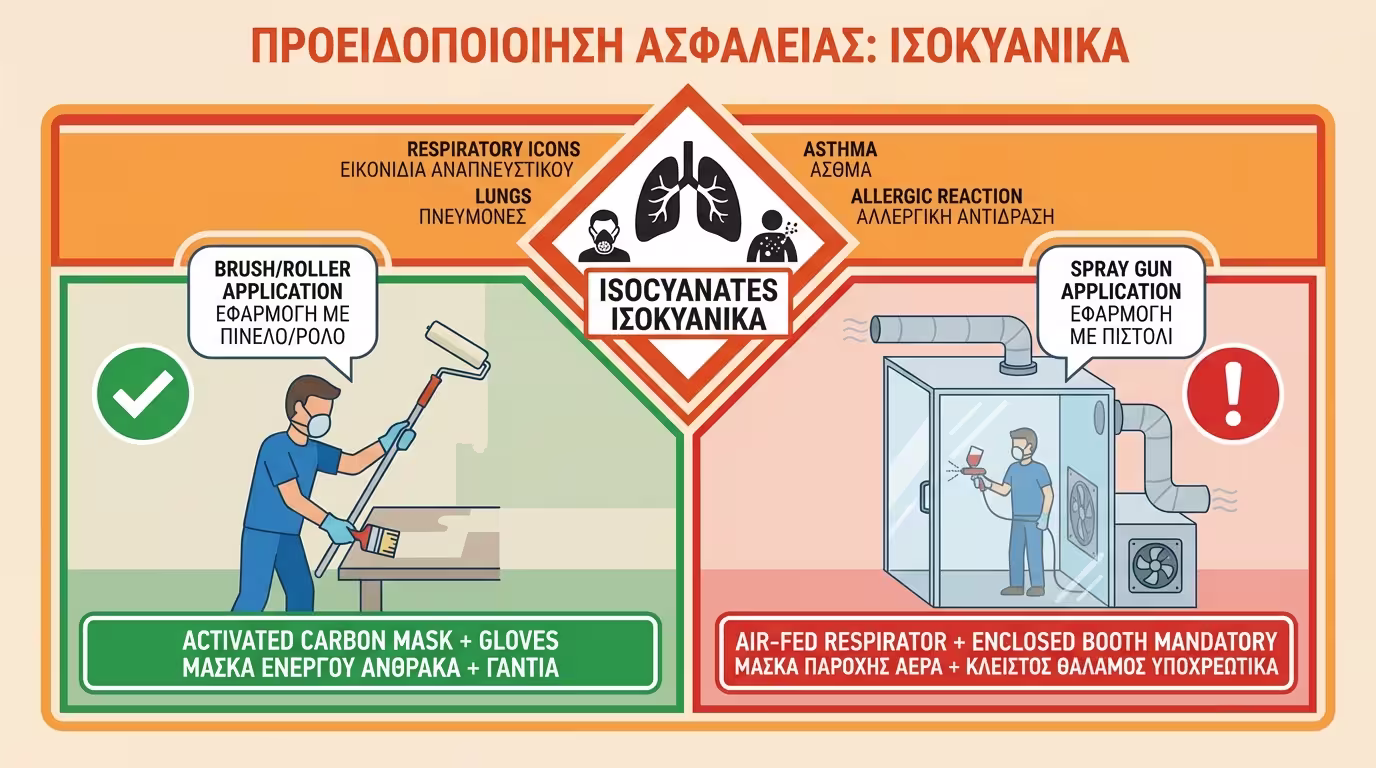 Ινφογκράφικ: Κίνδυνος ισοκυανικών - μάσκα ενεργού άνθρακα (πινέλο/ρολό), air-fed respirator (πιστόλι).