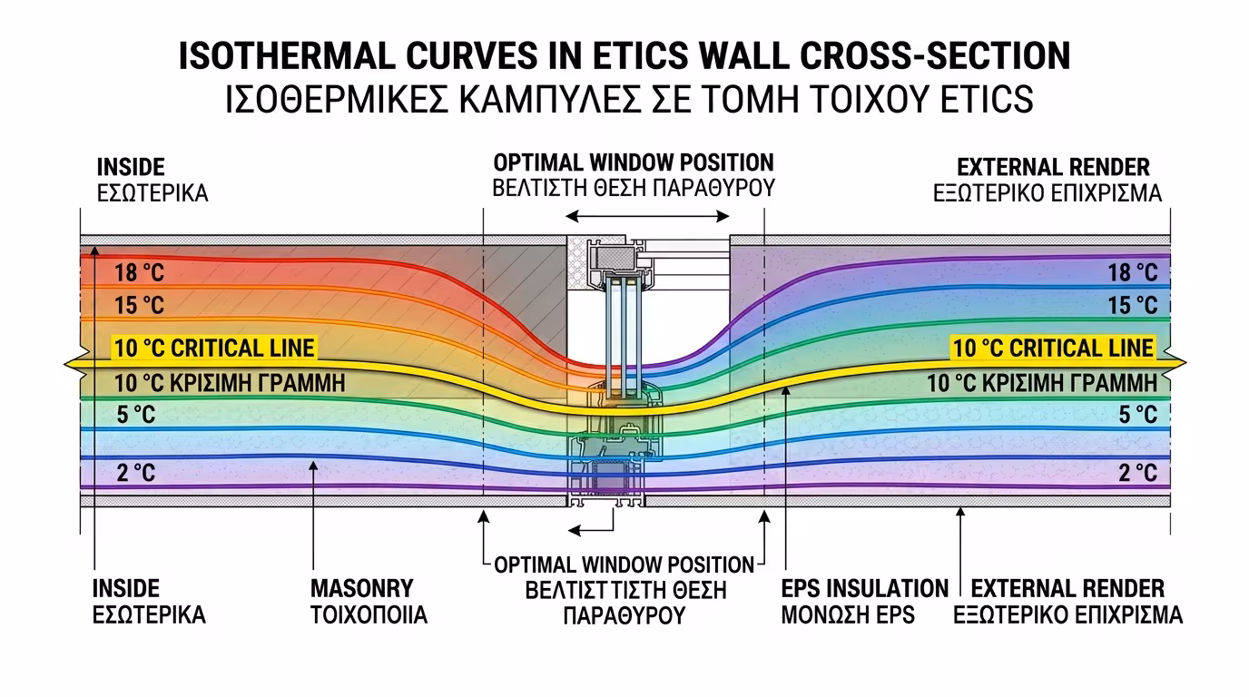 Ισόθερμες καμπύλες μέσα στο πάχος του τοίχου - γραμμή 10°C και θέση κουφώματος