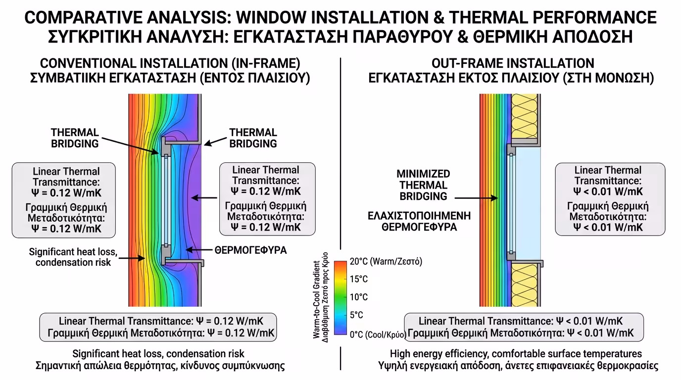 Ισόθερμη γραμμή σε out-frame τοποθέτηση - τέλεια ευθυγράμμιση κουφώματος με μονωτικό στρώμα