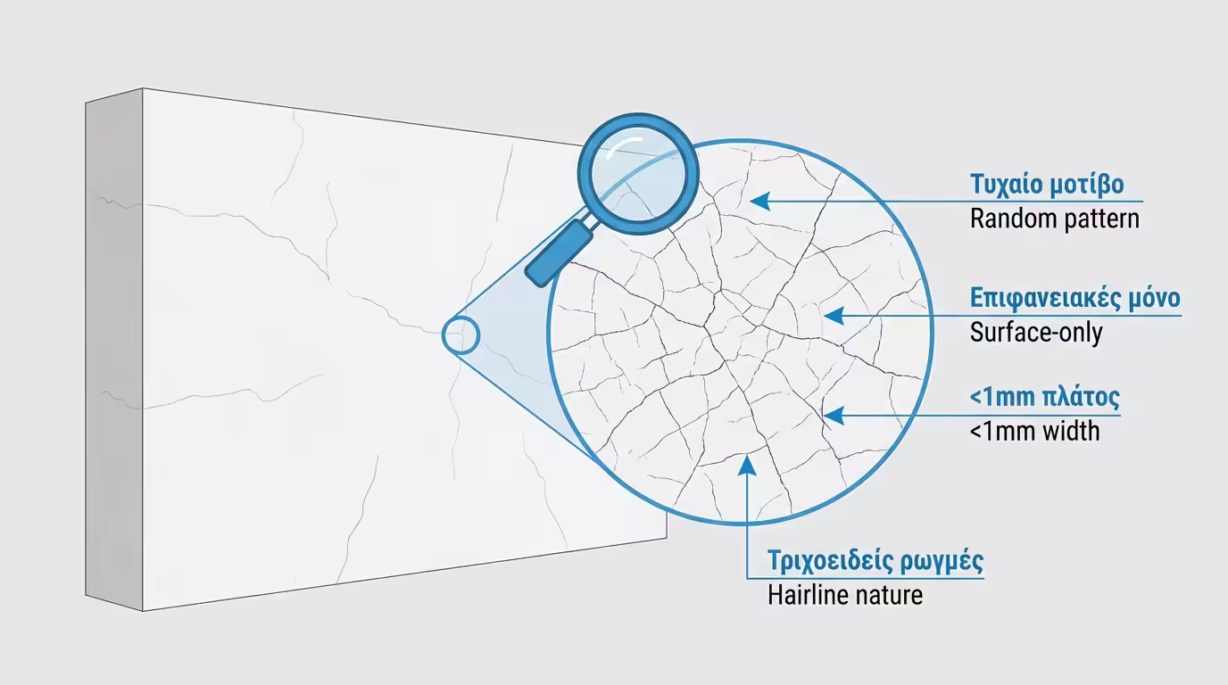 Κοντινό πλάνο: τυχαίο μοτίβο ρωγμών σαν ιστό αράχνης, επιφανειακές, <1mm πλάτος