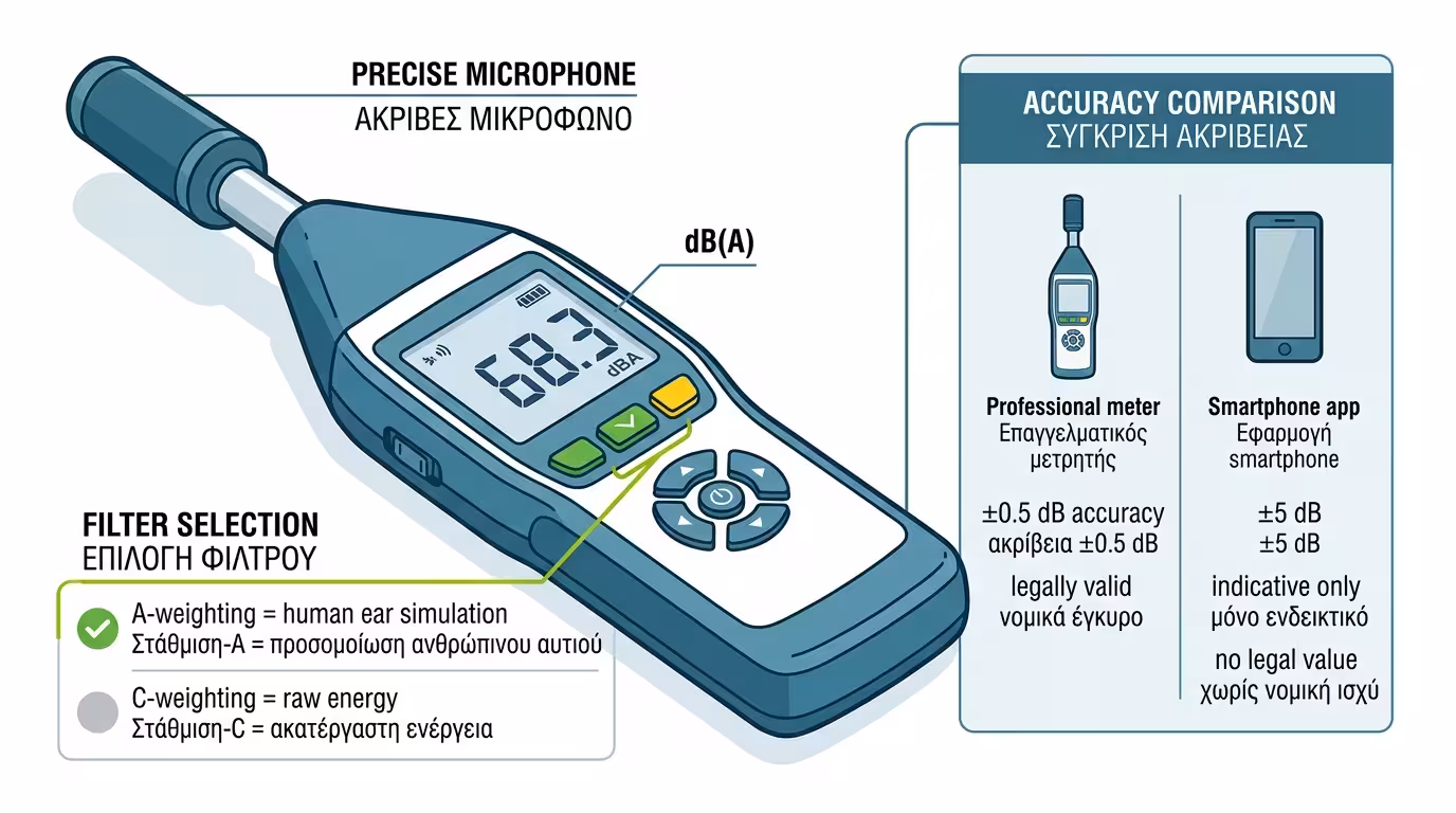 Ηχόμετρο - συσκευή μέτρησης dBA με μικρόφωνο ακριβείας