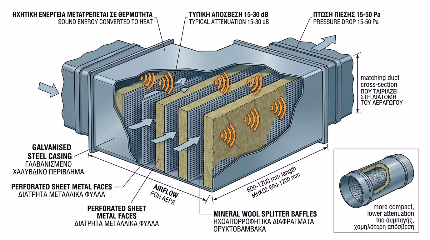 Ηχοπαγίδα αεραγωγού - εσωτερική δομή απόσβεσης ήχου splitter