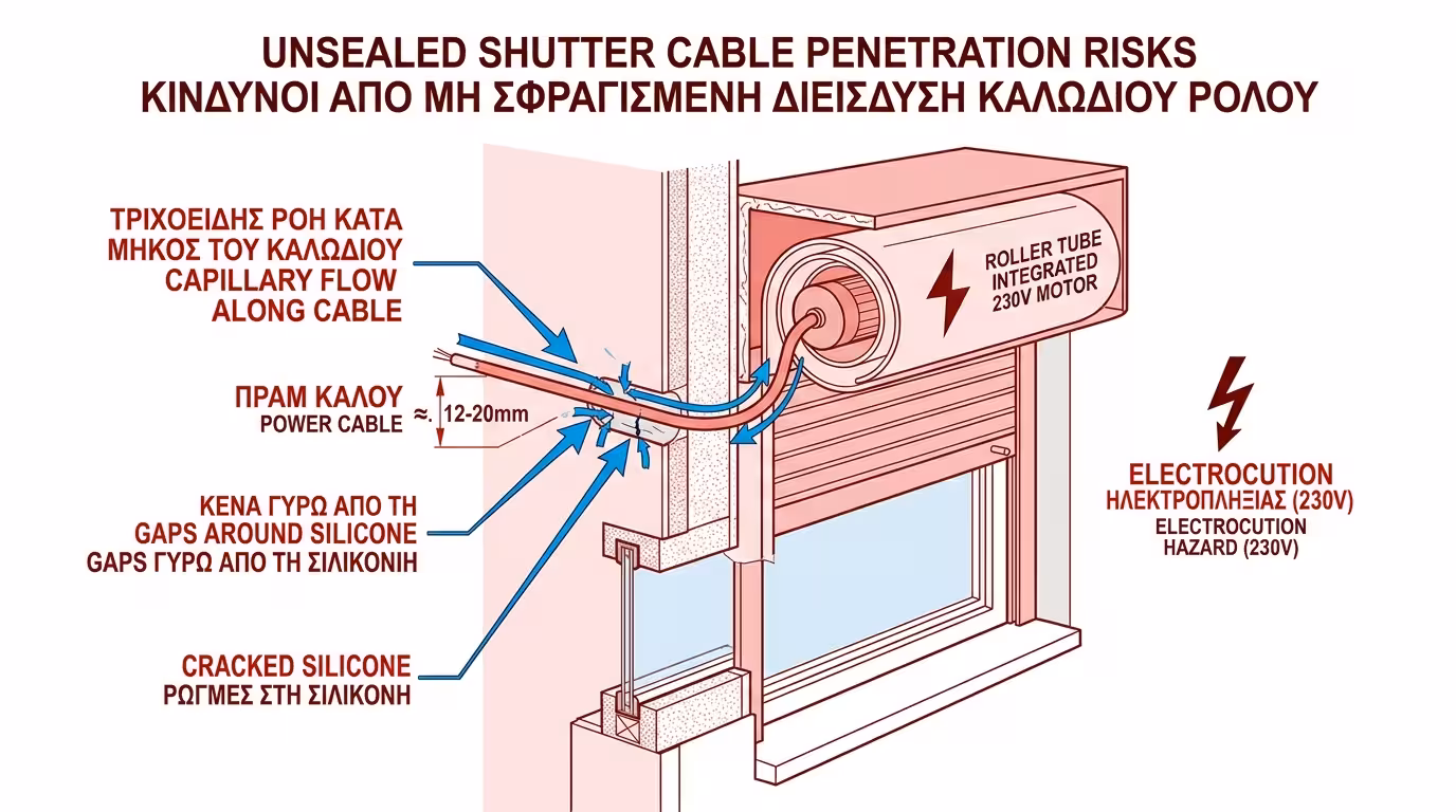 Καλώδιο μοτέρ ρολού που διαπερνά τον τοίχο χωρίς στεγάνωση - βρόχινο νερό τρέχει κατά μήκος
