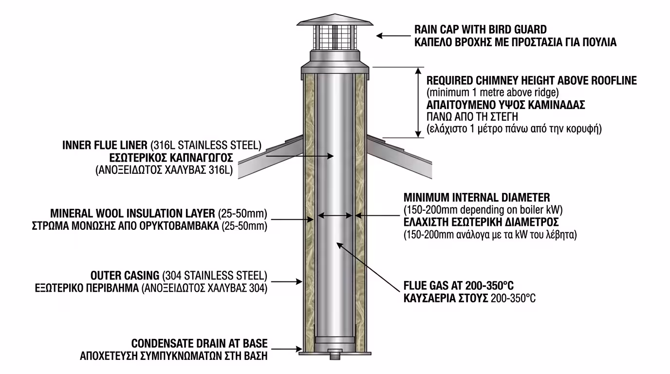 Καμινάδα Inox διπλού τοιχώματος μονωμένη