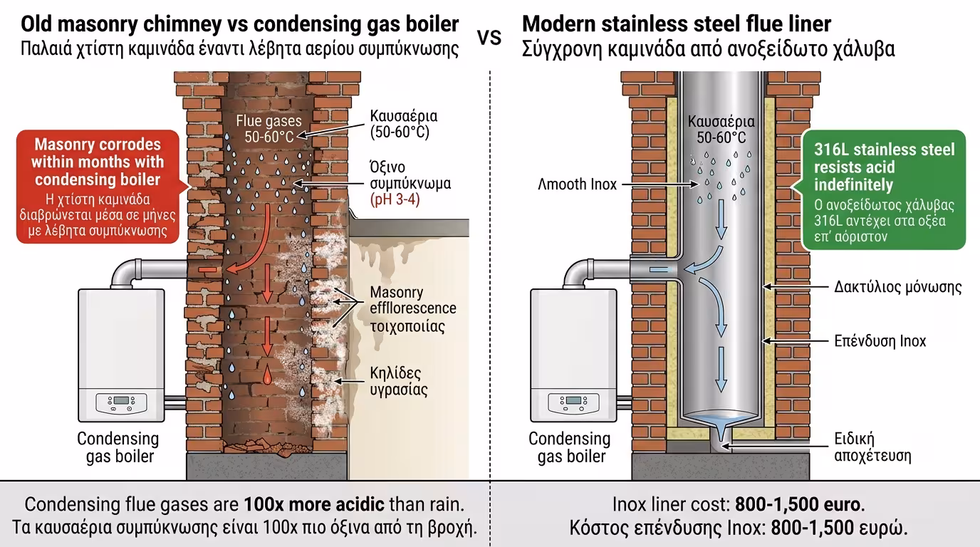 Ένθετη καμινάδα Inox – παλιά χτιστή, όξινα συμπυκνώματα, condensing λέβητας