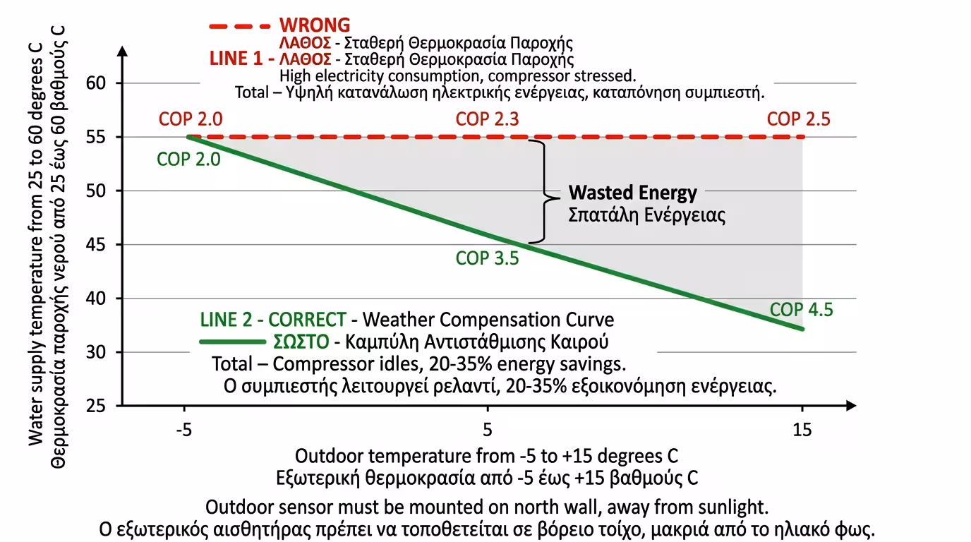 Καμπύλη αντιστάθμισης – weather compensation, COP, εξωτερική θερμοκρασία