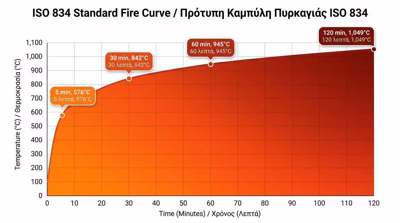 Καμπύλη ISO 834: 576°C/5 min, 842°C/30 min, 945°C/60 min, 1.049°C/120 min