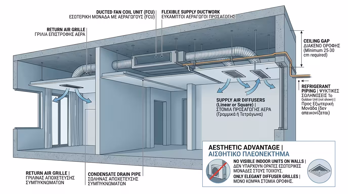 Καναλάτο μηχάνημα κρυμμένο σε ψευδοροφή - αόρατος κλιματισμός με αεραγωγούς και στόμια