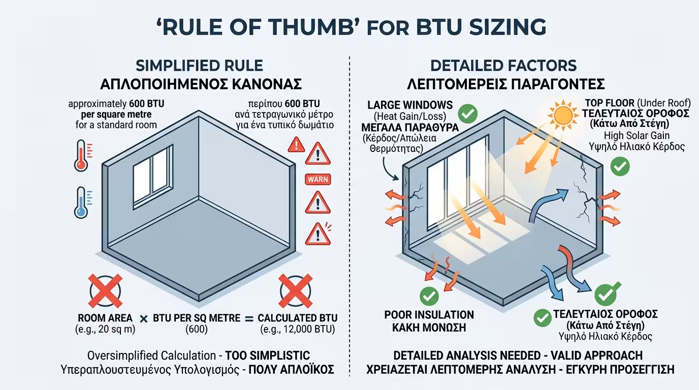 Κανόνας αντίχειρα - 250-300 BTU ανά τετραγωνικό μέτρο υπολογισμός