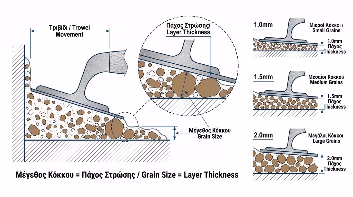 Διάγραμμα: πώς ο κόκκος καθορίζει το πάχος στρώσης σοβά